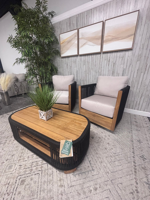 Outdoor Interiors Teak & Black Rope Patio Conversation Set!