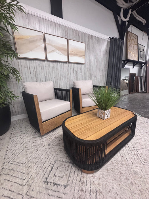 Outdoor Interiors Teak & Black Rope Patio Conversation Set!