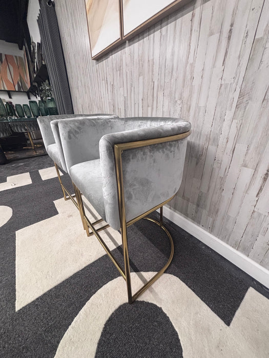 Modern Grey Velvet Counter Stool with Gold Frame – Like New!