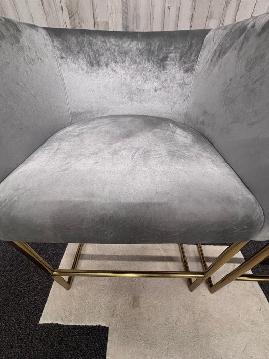 Modern Grey Velvet Counter Stool with Gold Frame – Like New!