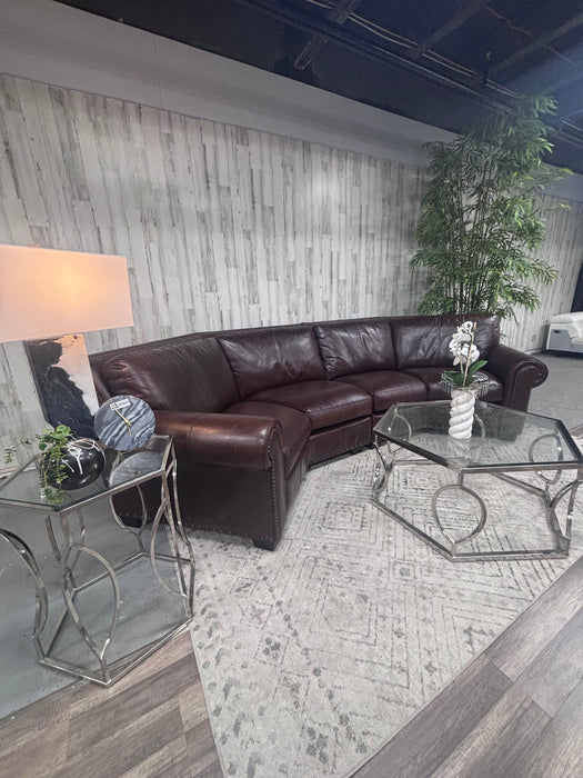 Robb & Stucky Rustic Western Brown Leather Curved Sectional Sofa with Nailhead Trim