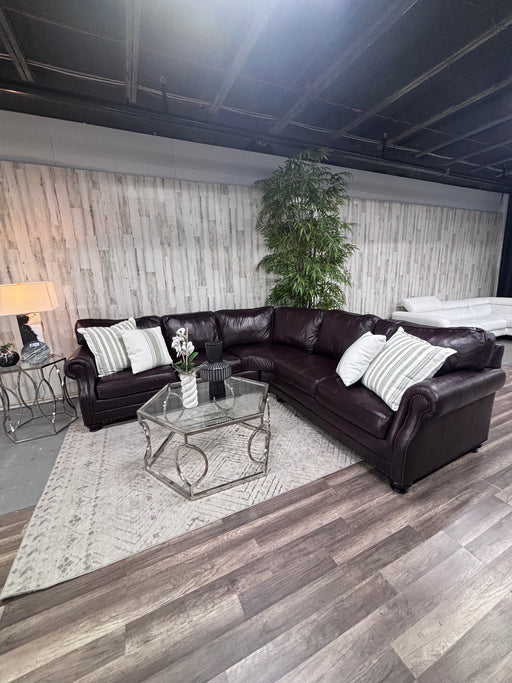 Bernhardt Dark Brown Leather Corner Sectional Sofa – Luxury Rolled Arm Nailhead Couch