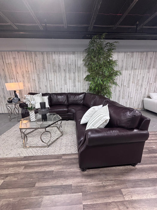 Bernhardt Dark Brown Leather Corner Sectional Sofa – Luxury Rolled Arm Nailhead Couch