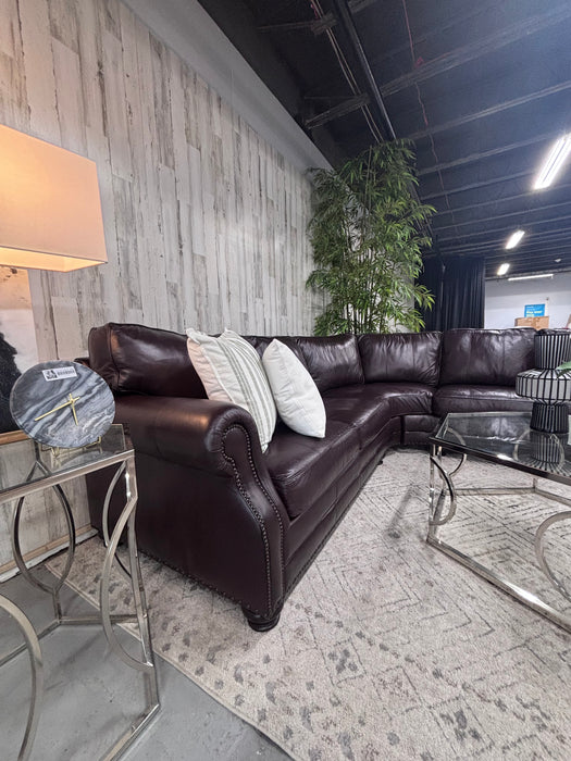 Bernhardt Dark Brown Leather Corner Sectional Sofa – Luxury Rolled Arm Nailhead Couch