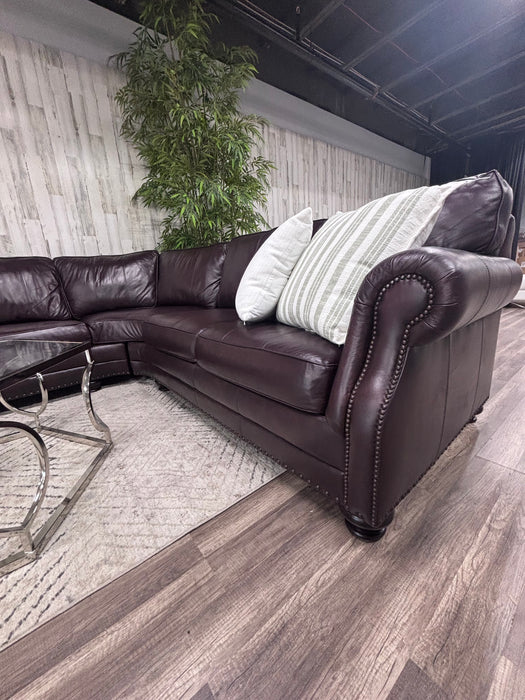 Bernhardt Dark Brown Leather Corner Sectional Sofa – Luxury Rolled Arm Nailhead Couch
