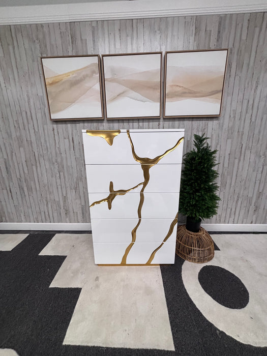 Willa Arlo Velva Luxury Modern White & Gold 5 Drawer Chest – Designer Statement Dresser!