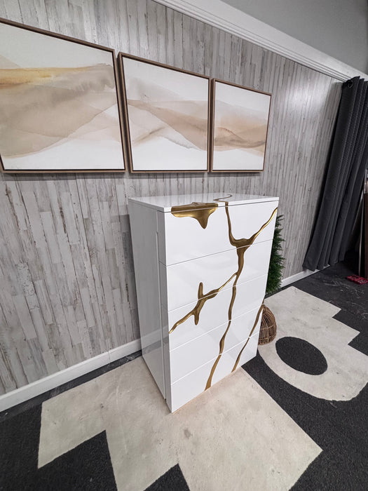 Willa Arlo Velva Luxury Modern White & Gold 5 Drawer Chest – Designer Statement Dresser!