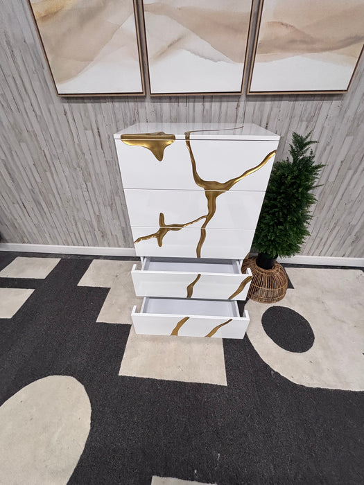 Willa Arlo Velva Luxury Modern White & Gold 5 Drawer Chest – Designer Statement Dresser!
