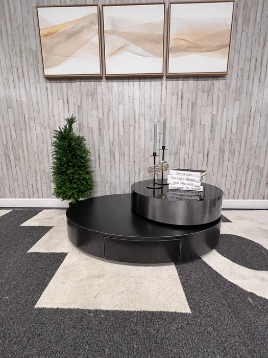 Orren Ellis Luxury Modern Rotating Coffee Table – Black Wood & Chrome Swivel Design