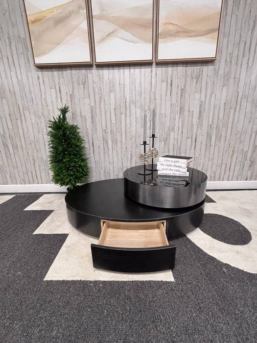 Orren Ellis Luxury Modern Rotating Coffee Table – Black Wood & Chrome Swivel Design