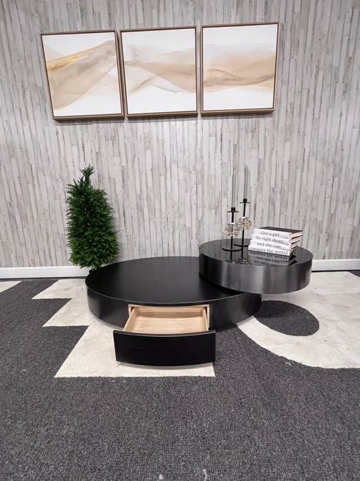 Orren Ellis Luxury Modern Rotating Coffee Table – Black Wood & Chrome Swivel Design