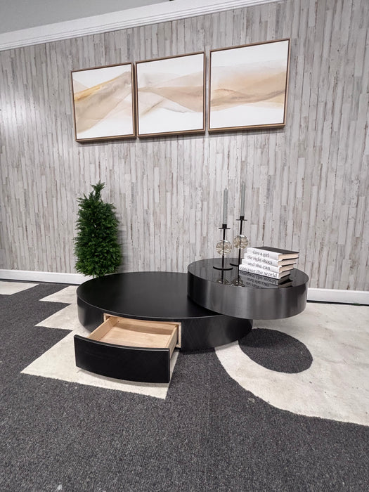 Orren Ellis Luxury Modern Rotating Coffee Table – Black Wood & Chrome Swivel Design