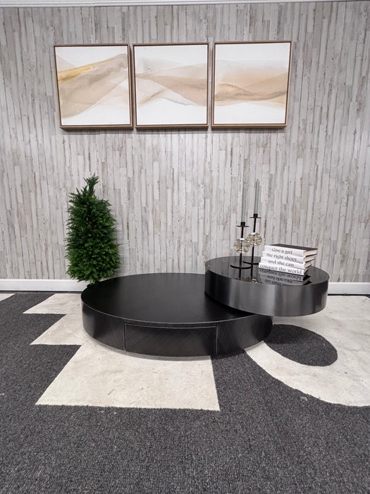 Orren Ellis Luxury Modern Rotating Coffee Table – Black Wood & Chrome Swivel Design