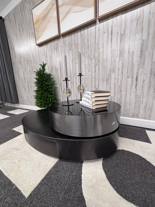 Orren Ellis Luxury Modern Rotating Coffee Table – Black Wood & Chrome Swivel Design