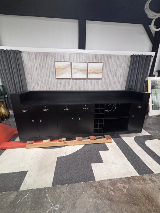 Oversized Black Wood Walk-Up Bar – 9ft Home Bar Cabinet with Wine Storage
