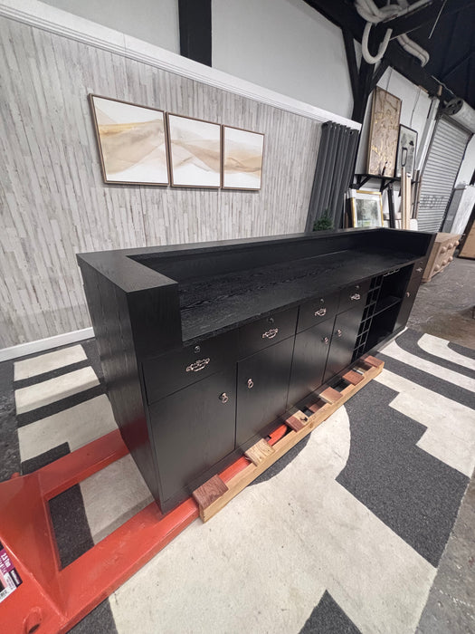 Oversized Black Wood Walk-Up Bar – 9ft Home Bar Cabinet with Wine Storage