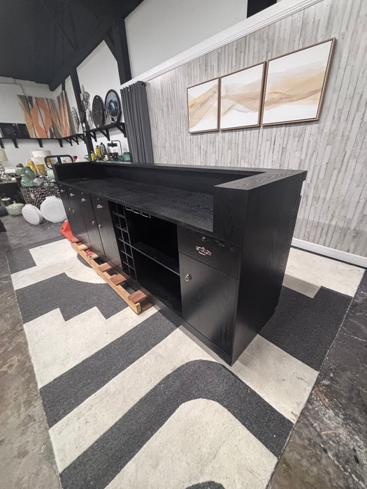 Oversized Black Wood Walk-Up Bar – 9ft Home Bar Cabinet with Wine Storage