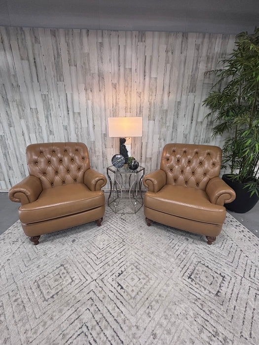Ethan Allen Brown Leather Accent Tufted Club Chairs - Set of 2!