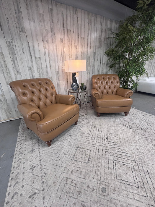 Ethan Allen Brown Leather Accent Tufted Club Chairs - Set of 2!