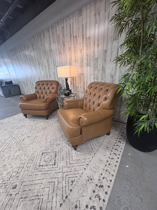 Ethan Allen Brown Leather Accent Tufted Club Chairs - Set of 2!