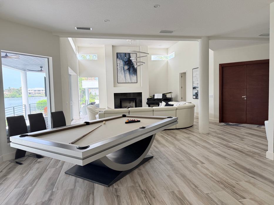 Stunning Custom Full Size Pool Table/Dining Table Set – Sleek Stainless Steel Veneer Modern Design