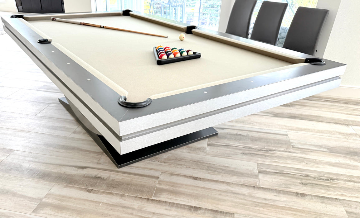 Stunning Custom Full Size Pool Table/Dining Table Set – Sleek Stainless Steel Veneer Modern Design