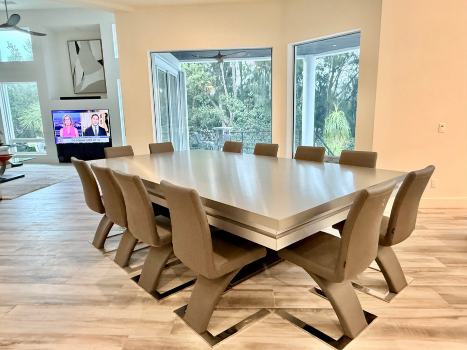 Stunning Custom Full Size Pool Table/Dining Table Set – Sleek Stainless Steel Veneer Modern Design