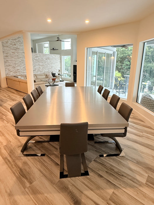 Stunning Custom Full Size Pool Table/Dining Table Set – Sleek Stainless Steel Veneer Modern Design