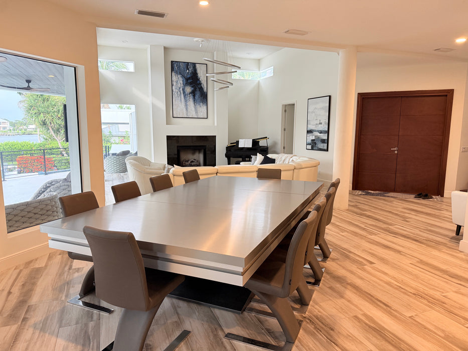 Stunning Custom Full Size Pool Table/Dining Table Set – Sleek Stainless Steel Veneer Modern Design