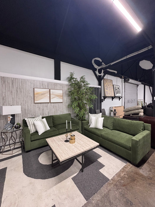 Beautiful Pottery Barn Comfort Modern Square Arm Evergreen Sofas – Modern & Comfortable!