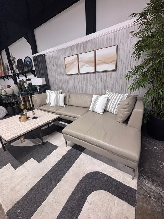 Beautiful American Leather Modern Taupe Leather Sectional with Chaise