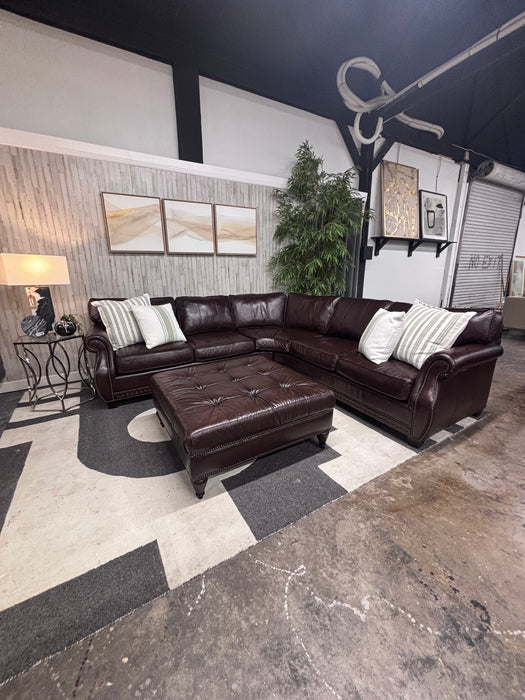 Bernhardt Luxury Dark Brown Leather Sectional & Ottoman – Rolled Arms & Nailhead Trim