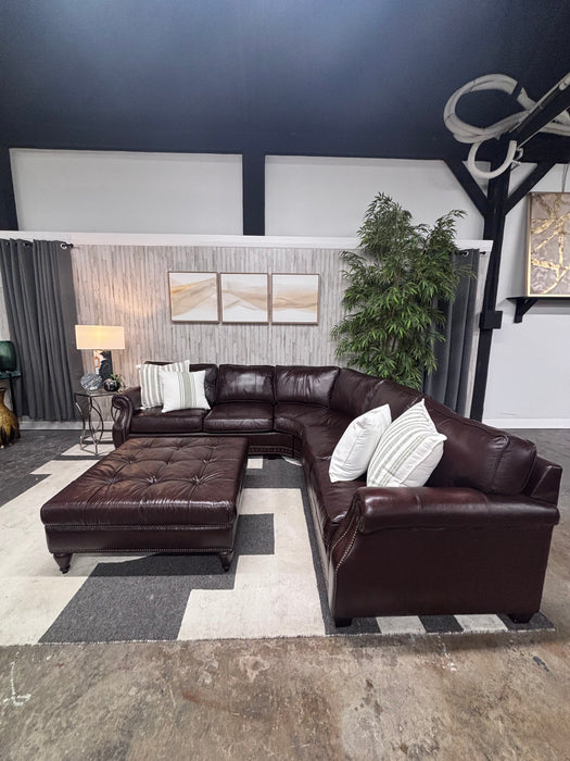 Bernhardt Luxury Dark Brown Leather Sectional & Ottoman – Rolled Arms & Nailhead Trim