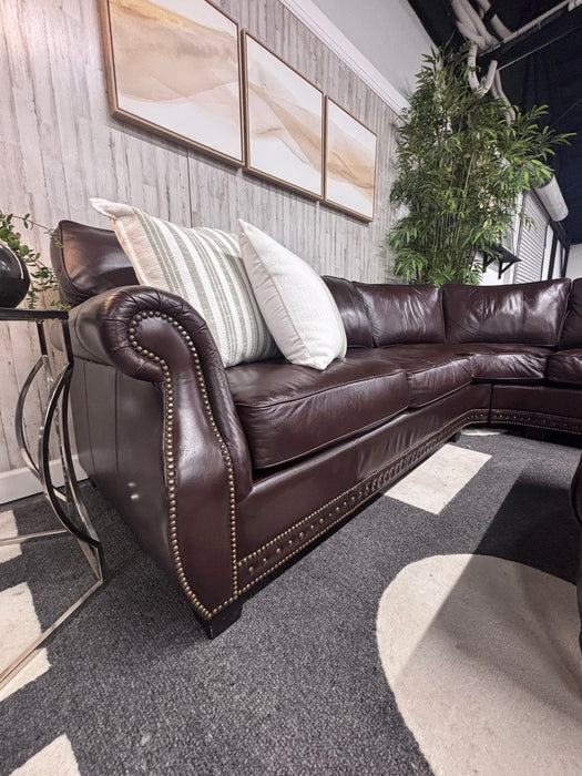 Bernhardt Luxury Dark Brown Leather Sectional & Ottoman – Rolled Arms & Nailhead Trim