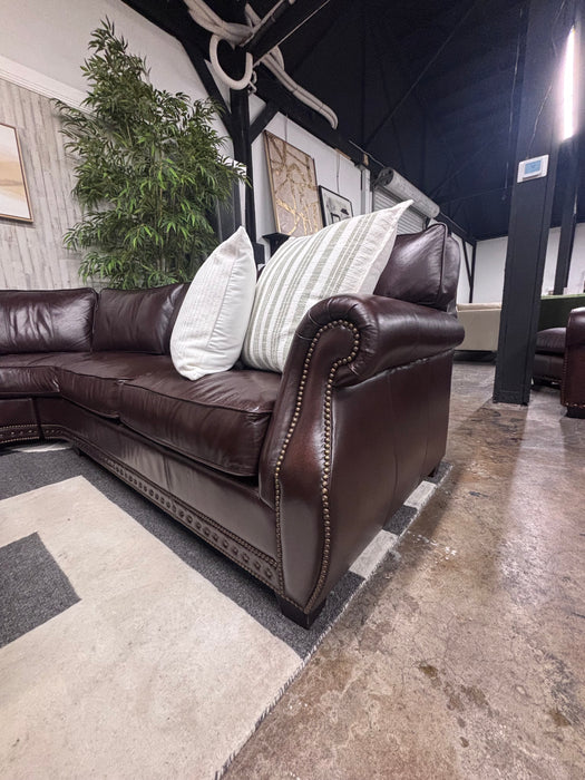 Bernhardt Luxury Dark Brown Leather Sectional & Ottoman – Rolled Arms & Nailhead Trim