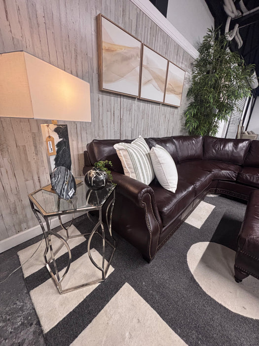 Bernhardt Luxury Dark Brown Leather Sectional & Ottoman – Rolled Arms & Nailhead Trim