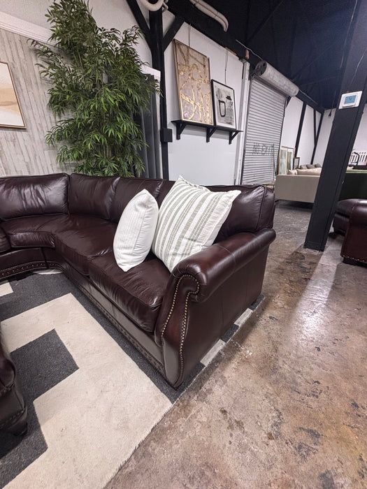 Bernhardt Luxury Dark Brown Leather Sectional & Ottoman – Rolled Arms & Nailhead Trim