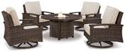Paradise Trail Paradise Trail Fire Pit Table with 4 Nuvella Swivel Lounge Chairs - Abundant Home Collections