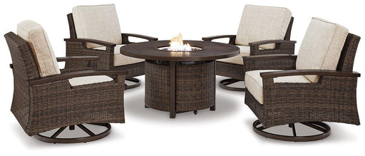 Paradise Trail Paradise Trail Fire Pit Table with 4 Nuvella Swivel Lounge Chairs - Abundant Home Collections