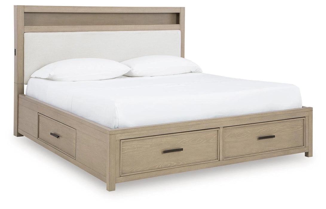 Calmoro Queen Upholstered Bookcase Bed with 4 Storage Drawers