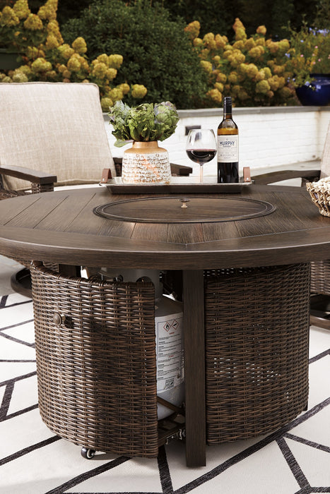 Paradise Trail Paradise Trail Fire Pit Table with 4 Nuvella Swivel Lounge Chairs - Abundant Home Collections